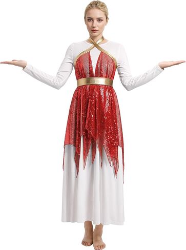 IDOPIP Women White Praise Dance Dress with Sequin Praise Dance Overlay Tunics Liturgical Lyrical Dancewear Worship Costume in Saudi Arabia