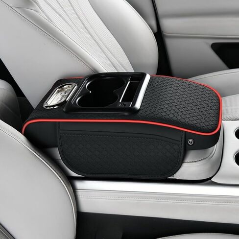 2026 Upgraded Car Center Console Cushion with 30w USB& Type-C Charging Ports, Leather Car Armrest Pad Cover, Interior Accessories for Most Vehicles (Ergonomic Sloped Version, Black-Red line) in Saudi Arabia