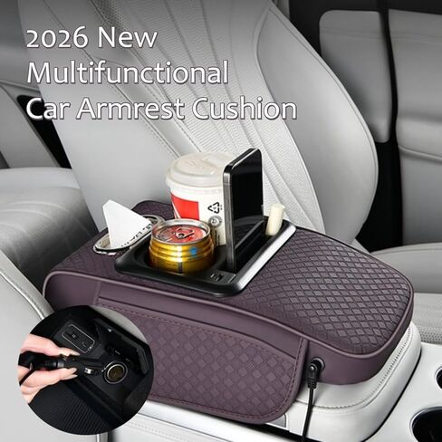 2026 Upgraded Car Center Console Cushion with 30w USB& Type-C Charging Ports, Leather Car Armrest Pad Cover, Interior Accessories for Most Vehicles (Ergonomic Sloped Version, Black-Red line) in Saudi Arabia