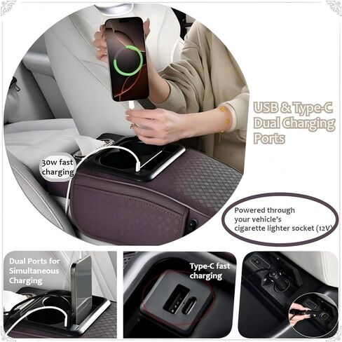 2026 Upgraded Car Center Console Cushion with 30w USB& Type-C Charging Ports, Leather Car Armrest Pad Cover, Interior Accessories for Most Vehicles (Ergonomic Sloped Version, Black-Red line) in Saudi Arabia