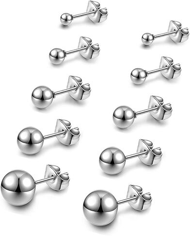 Women's Stainless Steel Silver Ball Stud Earrings Set - 5 Pairs (3-7mm) in Saudi Arabia