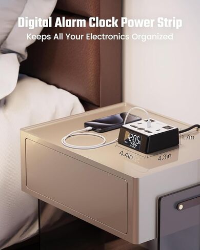 شريط طاقة منبه رقمي مع حماية من زيادة التيار 1700J، شاشة LED، 3 منافذ تيار متردد، تحكم في الإضاءة الخافتة، وظيفة التوقيت الصيفي، 4.4 × 4.3 × 1.7 بوصة، أبيض وأسود in Kuwait
