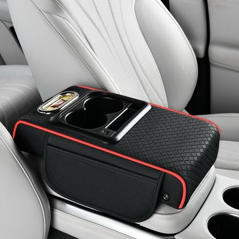 2026 Upgraded Car Center Console Cushion with 30w USB& Type-C Charging Ports, Leather Car Armrest Pad Cover, Interior Accessories for Most Vehicles (Ergonomic Sloped Version, Black-Red line) in Saudi Arabia