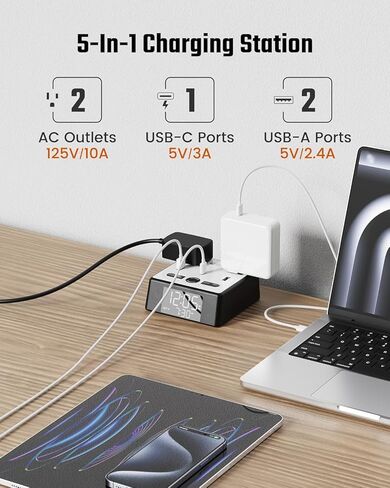 شريط طاقة منبه رقمي مع حماية من زيادة التيار 1700J، شاشة LED، 3 منافذ تيار متردد، تحكم في الإضاءة الخافتة، وظيفة التوقيت الصيفي، 4.4 × 4.3 × 1.7 بوصة، أبيض وأسود in Kuwait