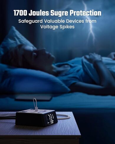 شريط طاقة منبه رقمي مع حماية من زيادة التيار 1700J، شاشة LED، 3 منافذ تيار متردد، تحكم في الإضاءة الخافتة، وظيفة التوقيت الصيفي، 4.4 × 4.3 × 1.7 بوصة، أبيض وأسود in Kuwait