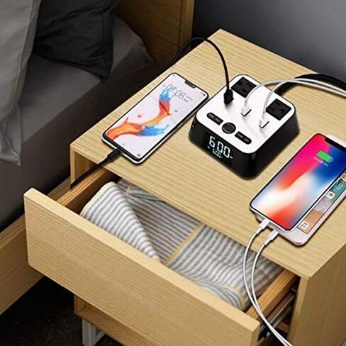 شريط طاقة منبه رقمي مع حماية من زيادة التيار 1700J، شاشة LED، 3 منافذ تيار متردد، تحكم في الإضاءة الخافتة، وظيفة التوقيت الصيفي، 4.4 × 4.3 × 1.7 بوصة، أبيض وأسود in Kuwait