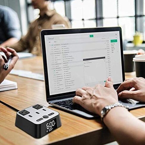 شريط طاقة منبه رقمي مع حماية من زيادة التيار 1700J، شاشة LED، 3 منافذ تيار متردد، تحكم في الإضاءة الخافتة، وظيفة التوقيت الصيفي، 4.4 × 4.3 × 1.7 بوصة، أبيض وأسود in Kuwait