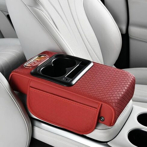 2026 Upgraded Car Center Console Cushion with 30w USB& Type-C Charging Ports, Leather Car Armrest Pad Cover, Interior Accessories for Most Vehicles (Ergonomic Sloped Version, Black-Red line) in Saudi Arabia