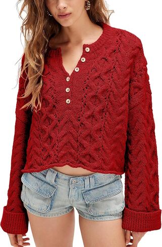 Lentta Womens Chunky Cable Knit Sweater Crewneck Long Sleeve Half Button Pullover Fall Winter Knitwear in Kuwait