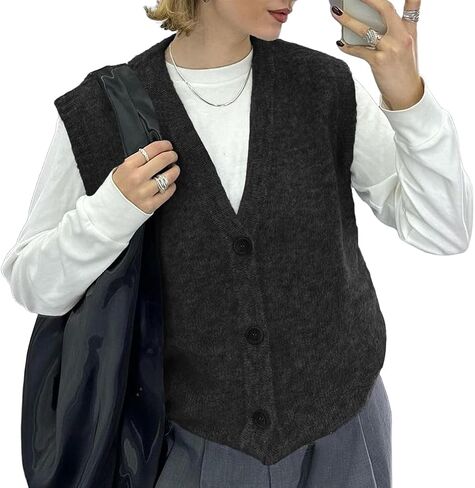 Women Oversized V Neck Button Down Knit Vest Casual Solid Loose Sleeveless Open Front Sweater Tank Streetwear in Kuwait