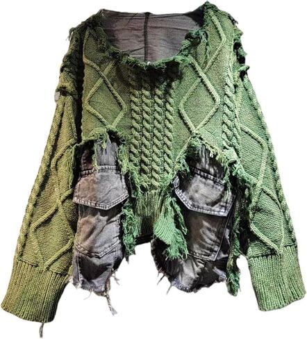Women's Patchwork Denim Knit Pullover Sweaters Oversized Loose Ripped Punk Long Sleeve Sweater Tops in Saudi Arabia