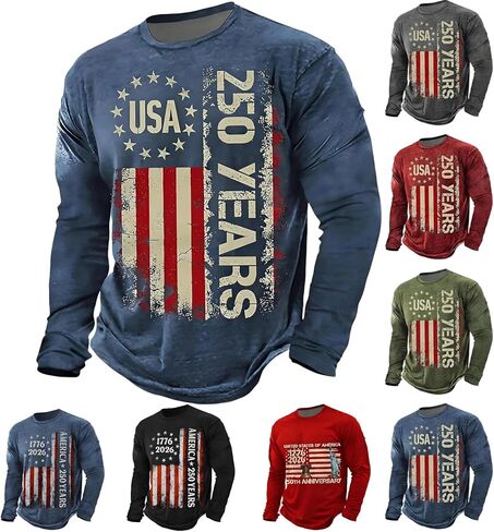 250 Anniversary USA Shirt Men 250th Birthday T-Shirt Crewneck Long Sleeve Pullover Tops America Crew Neck Tee in Saudi Arabia