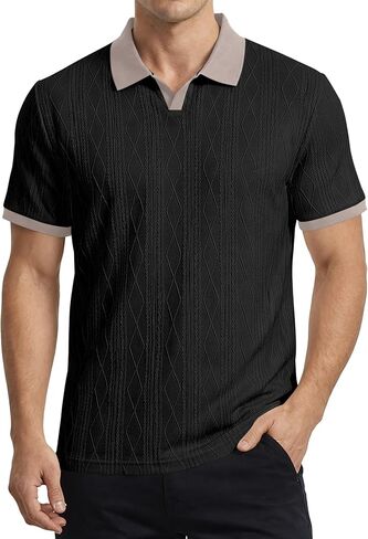 JMIERR Men's Casual Short Sleeve Cable Knit Texture Polo Shirts Cotton Stretch Johnny Collar Tee Summer Vacation Golf Shirts in Saudi Arabia