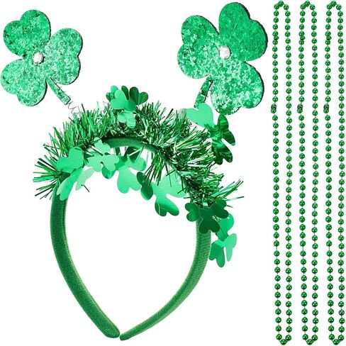 4PCS St. Patrick's Day Accessories Set Green Shamrock Headband & Bead Necklaces Irish Party Favors for Women St Patricks Day Costume Decorations for Parade & Festival in Kuwait