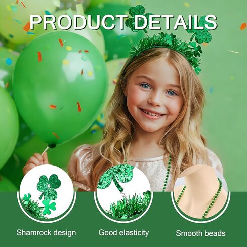 4PCS St. Patrick's Day Accessories Set Green Shamrock Headband & Bead Necklaces Irish Party Favors for Women St Patricks Day Costume Decorations for Parade & Festival in Kuwait