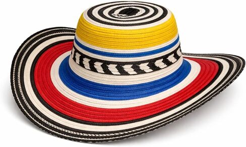 قبعة Sombrero Vueltiao كولومبية، حافة عريضة مخططة متعددة الألوان، أصفر أزرق أحمر أسود أبيض، مصنوعة يدويًا 100% بوليستر، نمط تقليدي in Saudi Arabia
