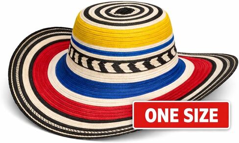 قبعة Sombrero Vueltiao كولومبية، حافة عريضة مخططة متعددة الألوان، أصفر أزرق أحمر أسود أبيض، مصنوعة يدويًا 100% بوليستر، نمط تقليدي in Saudi Arabia