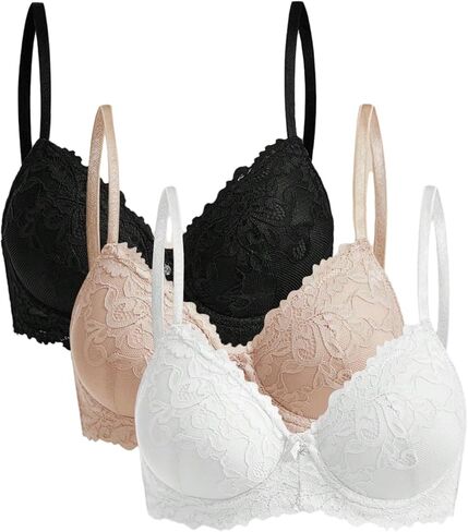 OYOANGLE Women's 3 Pack Floral Lace Underwire Bra Scallop Trim Push Up Comfort Everyday Bras Bralette in Saudi Arabia