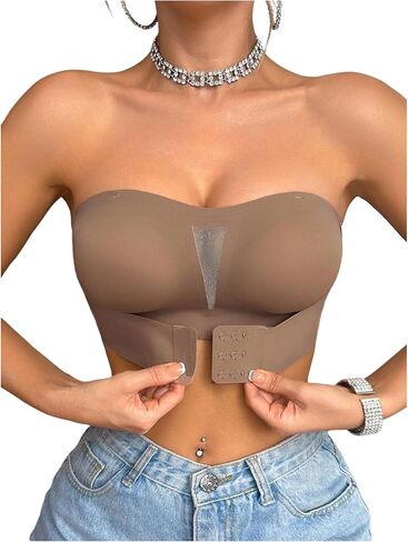 GORGLITTER Women's Mesh Strapless Bra Front Closure Wireless Seamless Coft Backless Bandeau Bralette in Saudi Arabia