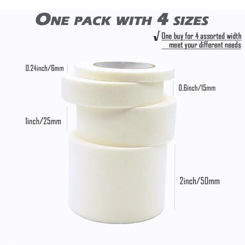4 لفات شريط لاصق أبيض، 2 1 3/4 1/4 بوصة عرض، متعدد المقاسات متنوعة للأغراض العامة، شريط لاصق بيج للرسامين، شريط فني للحرف اليدوية، شريط ورقي، 0.24/0.6/1/2 بوصة × 22 ياردة in Kuwait