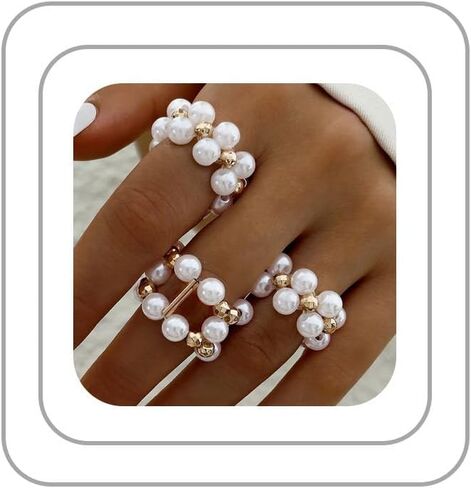 Chunky Pearl Rings for Women Stacking Baroque Pearl Rings Set Western Cross Turquoise Ring Set Irregular Turquoise Pearls Beaded Ring Western Jewelry Boho Prom Jewelry Accessories in Kuwait