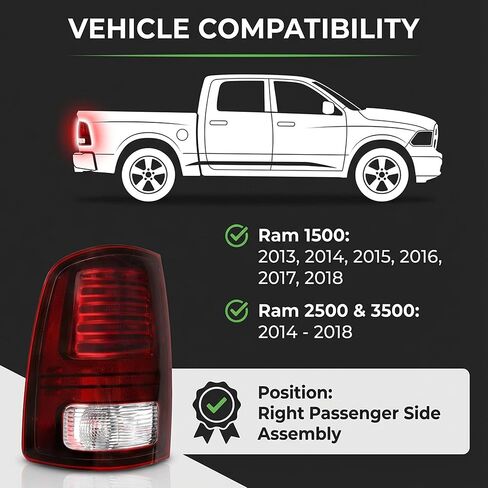 68093080AB مصباح خلفي LED يمين جانب الركاب متوافق مع Ram 1500 2013-2018 و2500 3500 2014-2018 استبدال السكن الأسود # 68093080AC، CH2801202، يناسب نماذج LED في المصنع فقط in Saudi Arabia