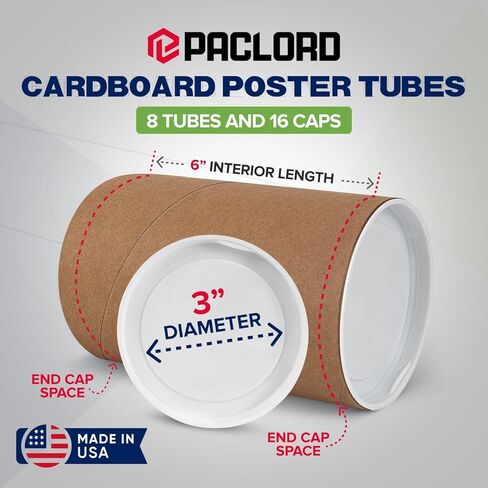 3" x 6" Reinforced Kraft Paper Mailing Tubes, Pack of 8 Tubes with 2 Caps Each – USPS Approved Poster Tube – Made in USA Cardboard Tube for Shipping and Storing Posters, Prints, Artwork, or Documents in Saudi Arabia