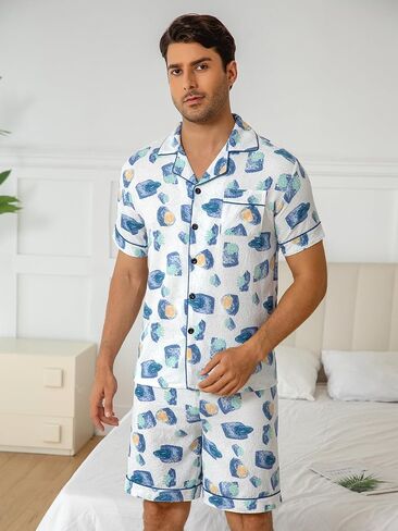 Men's Short Sleeve Pajama Set, Modern Abstract Print Breathable Loungewear with Blue Trim, Soft Sleepwear for Home in Saudi Arabia