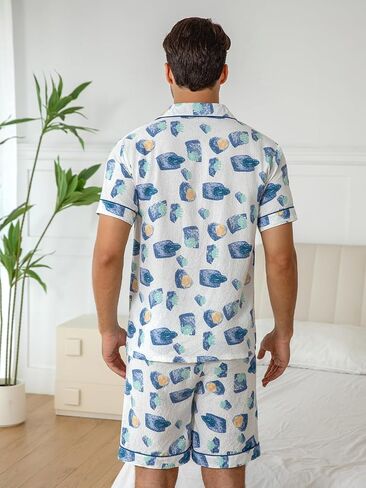 Men's Short Sleeve Pajama Set, Modern Abstract Print Breathable Loungewear with Blue Trim, Soft Sleepwear for Home in Saudi Arabia