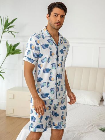 Men's Short Sleeve Pajama Set, Modern Abstract Print Breathable Loungewear with Blue Trim, Soft Sleepwear for Home in Saudi Arabia