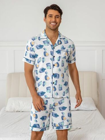 Men's Short Sleeve Pajama Set, Modern Abstract Print Breathable Loungewear with Blue Trim, Soft Sleepwear for Home in Saudi Arabia