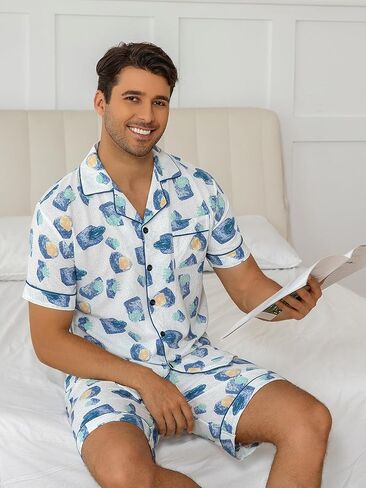 Men's Short Sleeve Pajama Set, Modern Abstract Print Breathable Loungewear with Blue Trim, Soft Sleepwear for Home in Saudi Arabia
