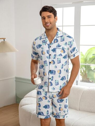 Men's Short Sleeve Pajama Set, Modern Abstract Print Breathable Loungewear with Blue Trim, Soft Sleepwear for Home in Saudi Arabia