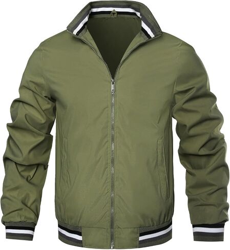 Men’s Full-Zip Bomber Jacket, Striped Trim Collar & Cuffs Outerwear for Daily Wear, Casual Gatherings in Saudi Arabia