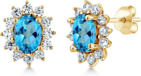 Gem Stone King 18K Yellow Gold Plated Silver Halo Stud Earrings For Women | Oval 7X5MM | Gemstone Birthstone | Princess Diana Royal Anniversary Wedding Birthday Fine Jewelry Gifts for Her Mom Wife in Saudi Arabia