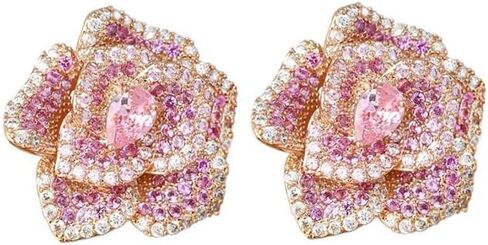 Sweet Pink Rhinestone Rose Flower Stud Luxury Earrings for Women Sterling Silver Post Romantic Delicate Sparkly Cubic Zirconia Crystal Blooming Floral Earring Wedding Bridal Prom Fashion Jewelry in Saudi Arabia