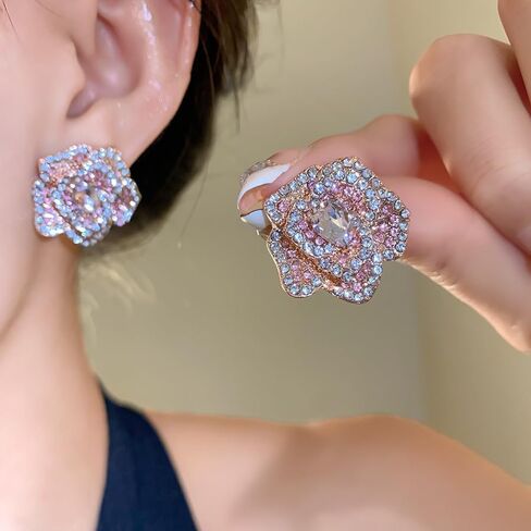 Sweet Pink Rhinestone Rose Flower Stud Luxury Earrings for Women Sterling Silver Post Romantic Delicate Sparkly Cubic Zirconia Crystal Blooming Floral Earring Wedding Bridal Prom Fashion Jewelry in Saudi Arabia