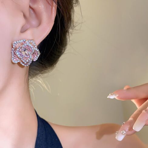 Sweet Pink Rhinestone Rose Flower Stud Luxury Earrings for Women Sterling Silver Post Romantic Delicate Sparkly Cubic Zirconia Crystal Blooming Floral Earring Wedding Bridal Prom Fashion Jewelry in Saudi Arabia