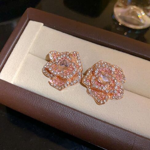 Sweet Pink Rhinestone Rose Flower Stud Luxury Earrings for Women Sterling Silver Post Romantic Delicate Sparkly Cubic Zirconia Crystal Blooming Floral Earring Wedding Bridal Prom Fashion Jewelry in Saudi Arabia