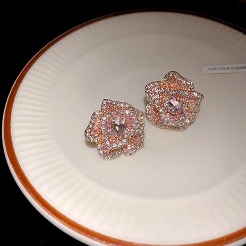 Sweet Pink Rhinestone Rose Flower Stud Luxury Earrings for Women Sterling Silver Post Romantic Delicate Sparkly Cubic Zirconia Crystal Blooming Floral Earring Wedding Bridal Prom Fashion Jewelry in Saudi Arabia