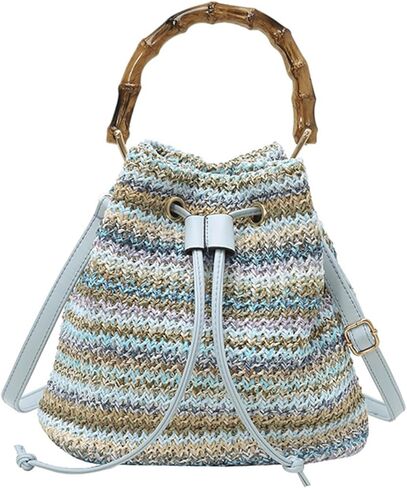 Woven Purse Multicolor Striped Crossbody Shoulder Bag Drawstring Colorful Bucket Tote Boho Bamboo Handle Handbag in Saudi Arabia
