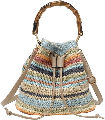 Woven Purse Multicolor Striped Crossbody Shoulder Bag Drawstring Colorful Bucket Tote Boho Bamboo Handle Handbag in Saudi Arabia