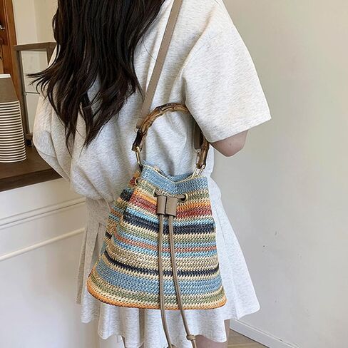 Woven Purse Multicolor Striped Crossbody Shoulder Bag Drawstring Colorful Bucket Tote Boho Bamboo Handle Handbag in Saudi Arabia
