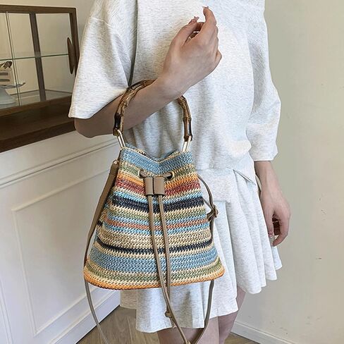 Woven Purse Multicolor Striped Crossbody Shoulder Bag Drawstring Colorful Bucket Tote Boho Bamboo Handle Handbag in Saudi Arabia