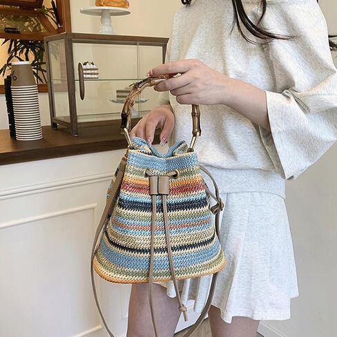 Woven Purse Multicolor Striped Crossbody Shoulder Bag Drawstring Colorful Bucket Tote Boho Bamboo Handle Handbag in Saudi Arabia
