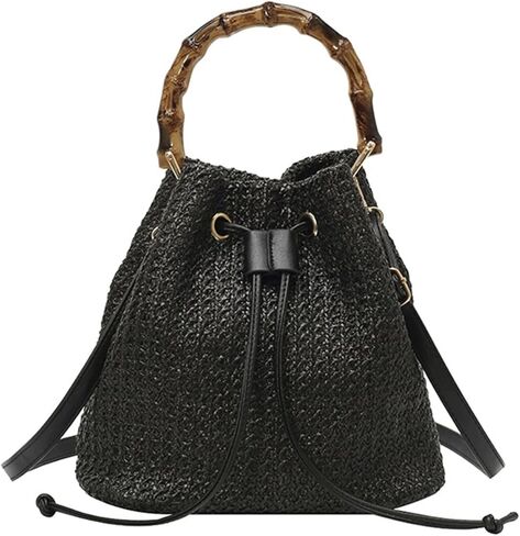 Woven Purse Multicolor Striped Crossbody Shoulder Bag Drawstring Colorful Bucket Tote Boho Bamboo Handle Handbag in Saudi Arabia