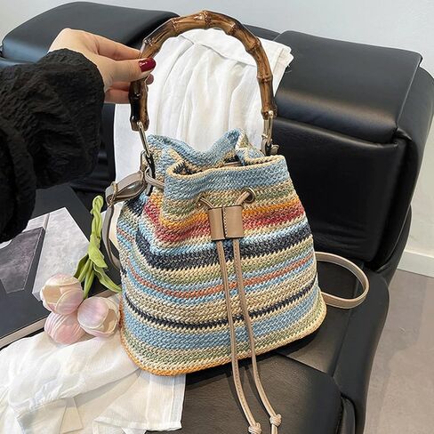 Woven Purse Multicolor Striped Crossbody Shoulder Bag Drawstring Colorful Bucket Tote Boho Bamboo Handle Handbag in Saudi Arabia