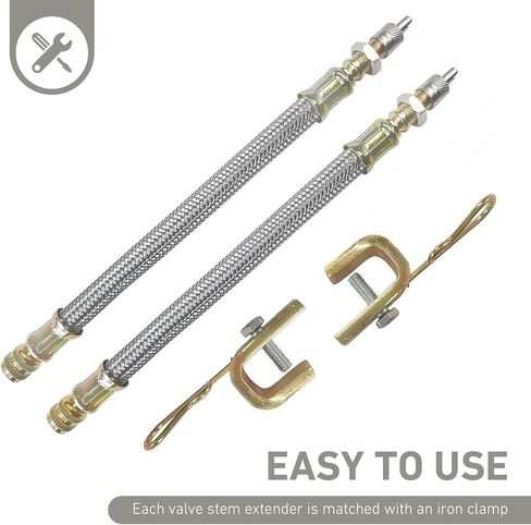 2 PCS Tire Valve Stem Extension, 7"/180mm Metal Braided Inflatable Extension Tube with 2 Clips, Universal for Heavy Cars, Trucks, Trailers, RVs (Gold) in Kuwait