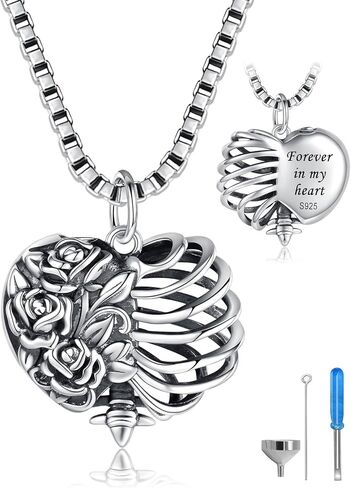 Heart Shape Rose Rib Cage Urn Necklaces for Ashes 925 Sterling Silver-Gothic Cremation Jewelry Memorial Gifts for Women in Kuwait
