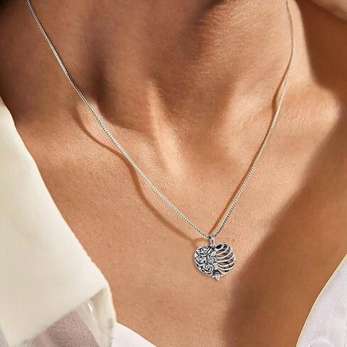 Heart Shape Rose Rib Cage Urn Necklaces for Ashes 925 Sterling Silver-Gothic Cremation Jewelry Memorial Gifts for Women in Kuwait